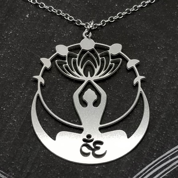 Baroque Vintage Jewelry - Om Buddha with Lotus & Moons Silver Necklace